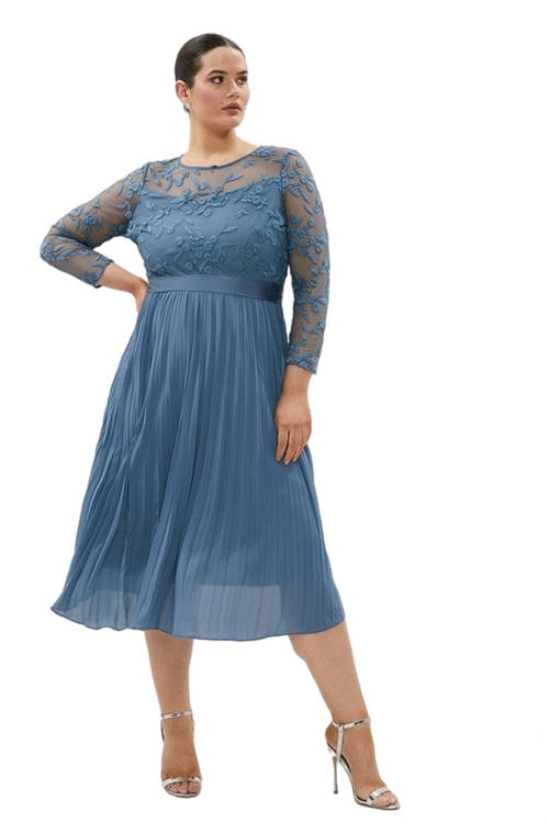 Jacques Vert Dusty Blue Plus Size Embroidered Long Sleeve Midi Dress ACC96039
