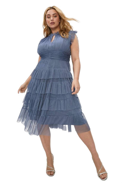 Jacques Vert Dusty Blue Plus Size Tulle Tiered Frill Sleeve Dress ACC95278