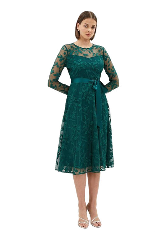Jacques Vert Forest All Over Embroidered Long Sleeve Midi Dress BCC02514