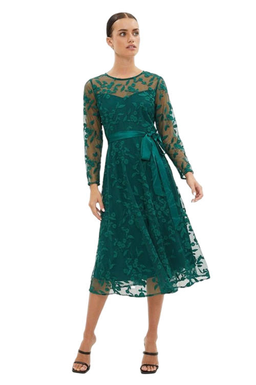 Jacques Vert Forest All Over Embroidered Long Sleeve Midi Dress BCC03508