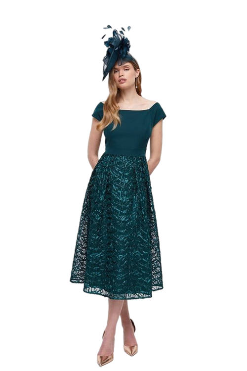 Jacques Vert Forest Bardot Ribbon Embroidered Midi Dress ACC95501