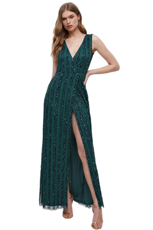 Jacques Vert Forest Embellished Stripe Wrap Maxi Dress BCC04221