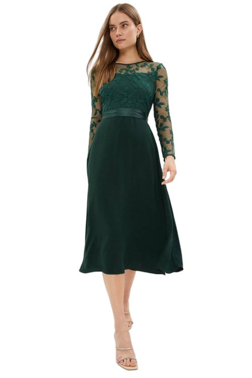 Jacques Vert Forest Embroidered Long Sleeve Crepe Circle Skirt Dress BCC02139