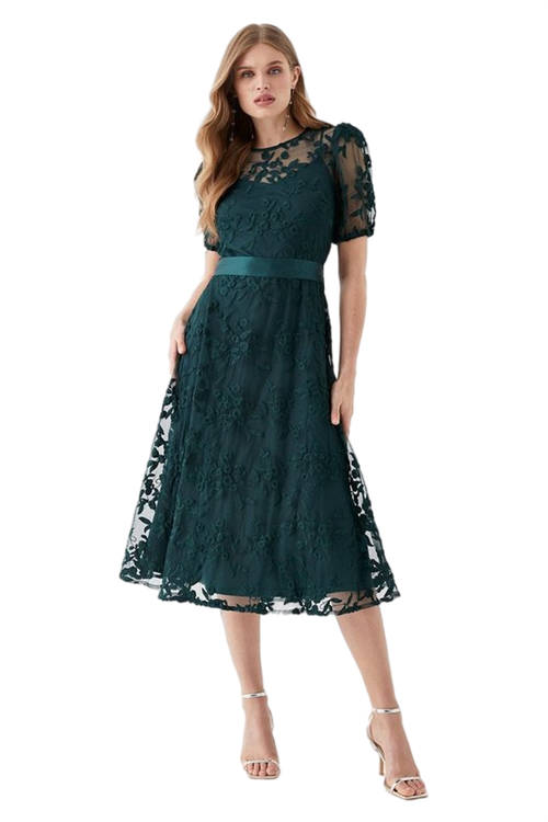 Jacques Vert Forest Embroidered Mesh Puff Sleeve Midi Dress BCC05415