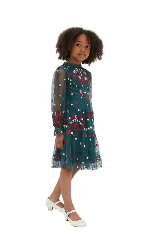 Jacques Vert Forest Girls Long Sleeve All Over Embroidered Dress BCC04126