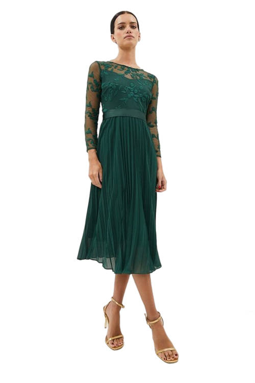 Jacques Vert Forest Petite Embroidered Long Sleeve Midi Dress BCC02564