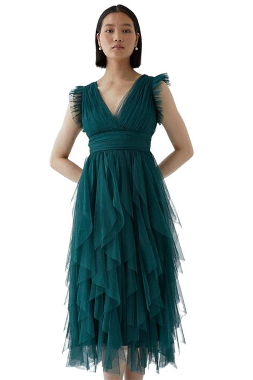 Jacques Vert Forest Petite Ruffled Skirt Mesh Bridesmaids Midi Dress BCC05501