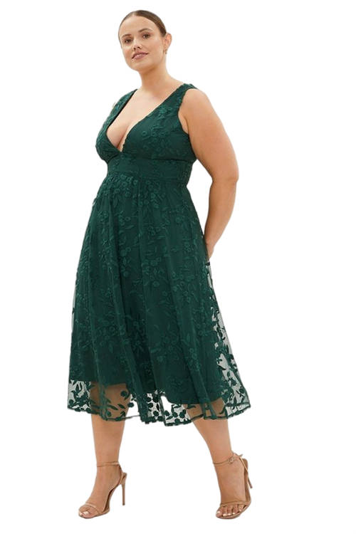 Jacques Vert Forest Plus Size Deep V Embroidered Midi Dress BCC03278
