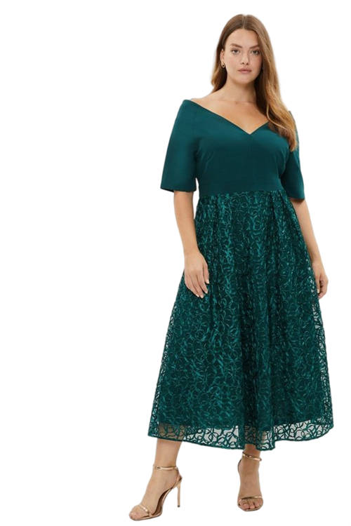 Jacques Vert Forest Plus Size V Neck Embroidered Midi Dress BCC03245