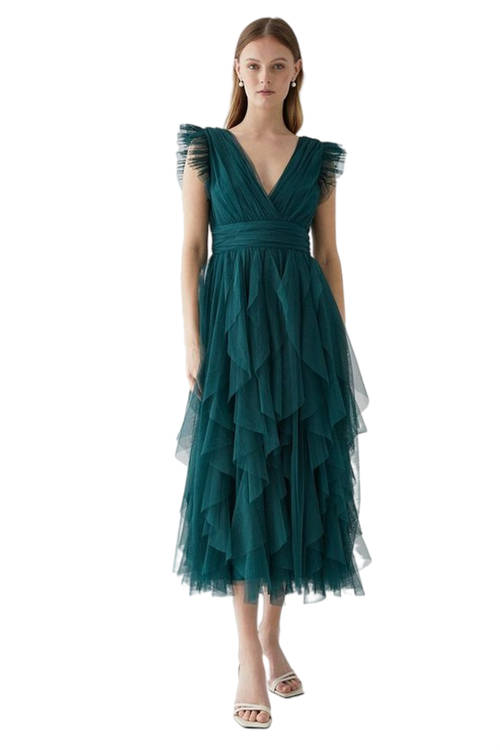 Jacques Vert Forest Ruffled Skirt Mesh Bridesmaids Midi Dress BCC04661