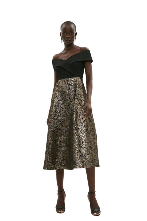 Jacques Vert Gold Bardot Cross Front Metallic Jacquard Skirt Midi Dress BCC04249