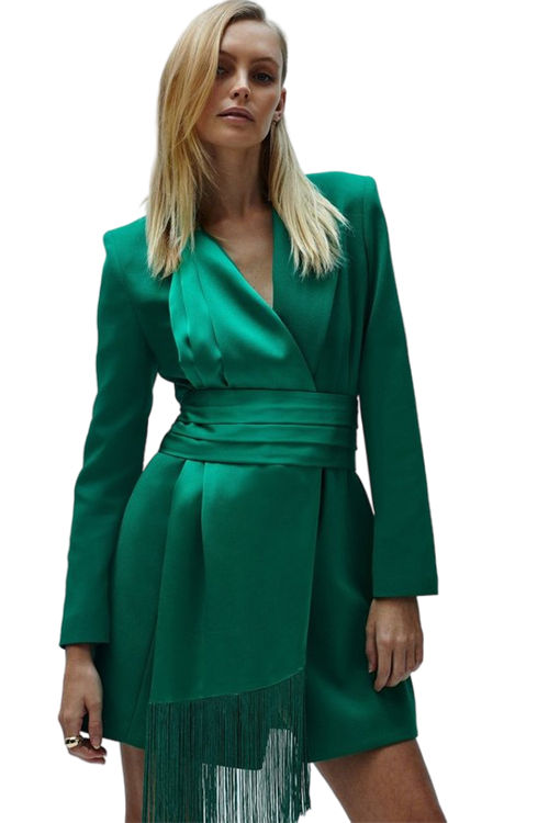 Jacques Vert Green Belted Fringe Detail Blazer Dress BCC03827