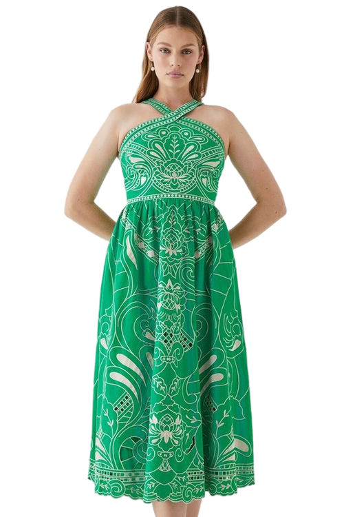 Jacques Vert Green Cross Neck Cutwork Embroidered Midi Dress BCC05318