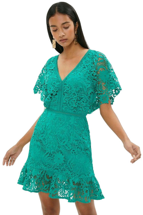 Jacques Vert Green Mini V Neck Lace Dress With Flare Sleeve BCC03777