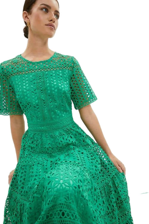 Jacques Vert Green Petite Midi Dress In Lace With Tiers BCC03753