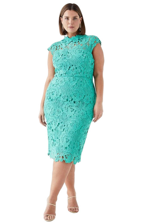 Jacques Vert Green Plus Size Lace Pencil Dress With Applique Neckline BCC05201