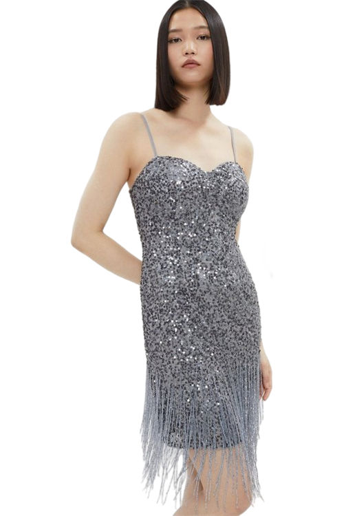 Jacques Vert Grey Sequin Bustier Dress With Beaded Fringe BCC03902