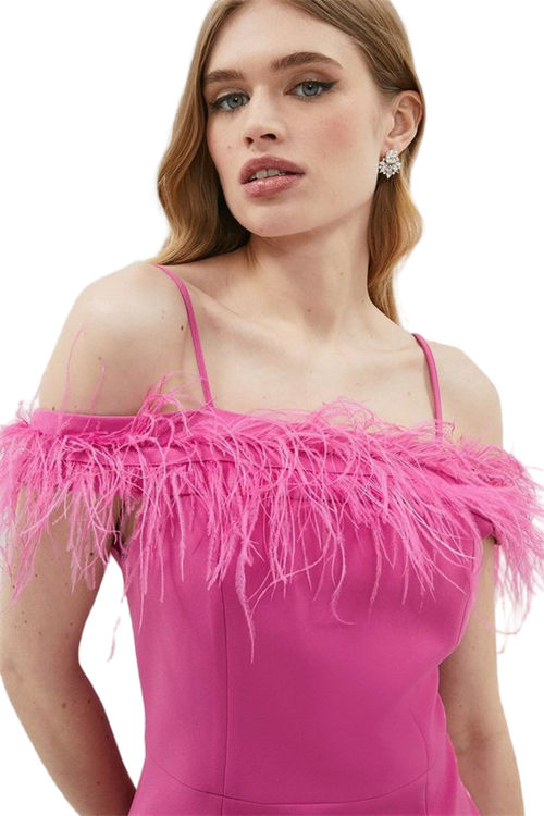 Jacques Vert Hot Pink Feather Trim Bardot Mini Dress BCC01125