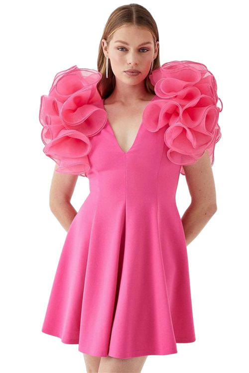 Jacques Vert Hot Pink Organza Ruffle Sleeve Crepe Mini Dress BCC04577