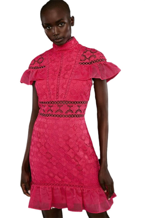 Jacques Vert Hot Pink Premium Panelled Lace Organza Trim Mini Dress BCC03553