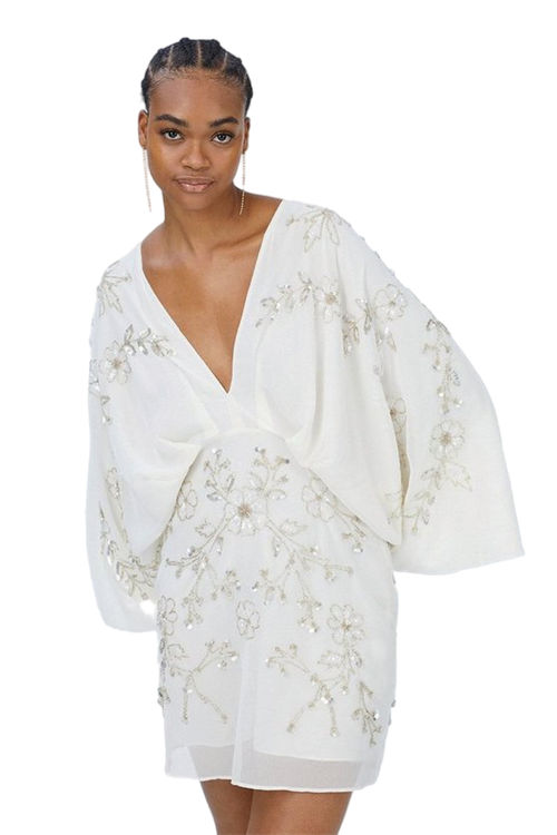 Jacques Vert Ivory All Over Beaded V Neck Kimono Mini Dress BCC03419