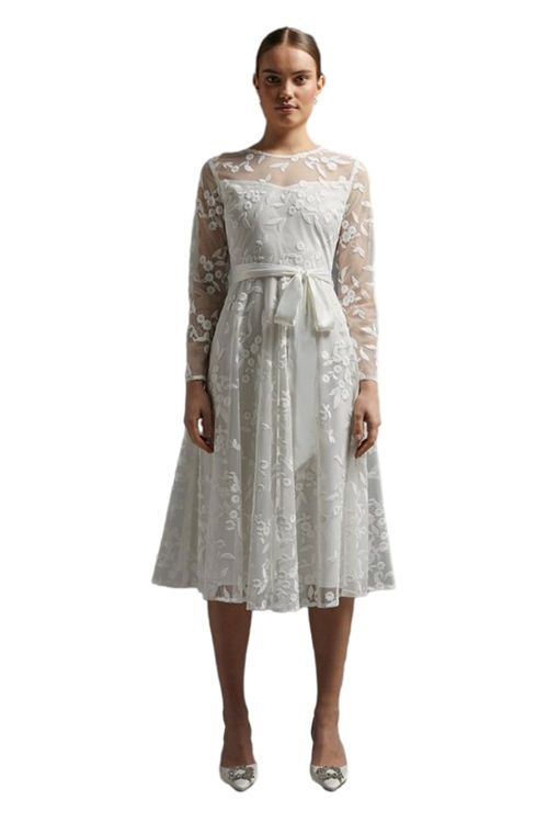 Jacques Vert Ivory All Over Embroidered Long Sleeve Tie Waist Midi Dress BCC00992