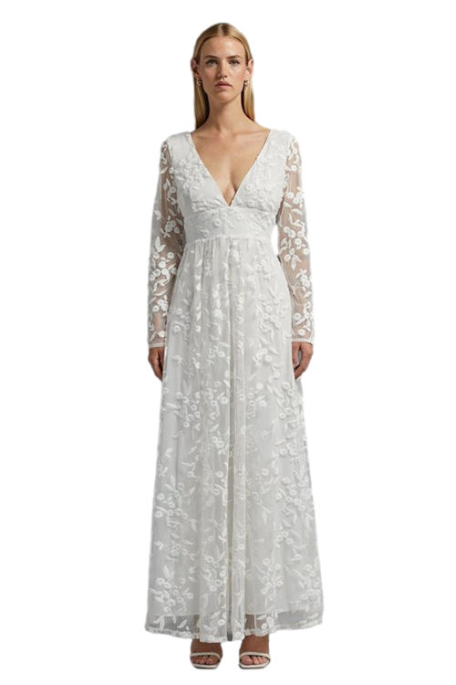 Jacques Vert Ivory Deep V Embroidered Long Sleeve Maxi Dress BCC03274