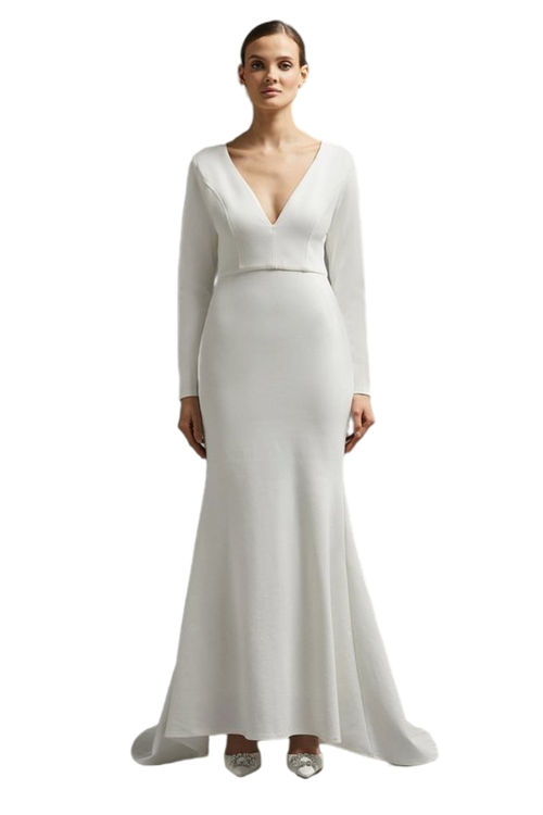 Jacques Vert Ivory Deep V Maxi Dress With Train BCC00140