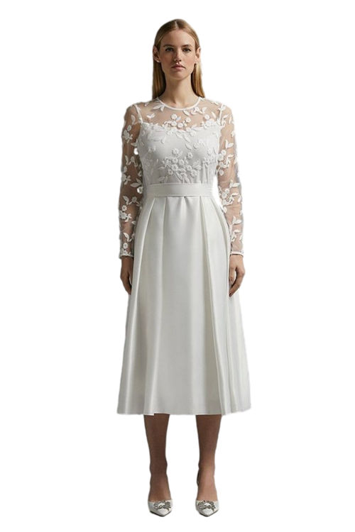 Jacques Vert Ivory Embroidered Bodice Satin Skirt Dress ACC01331