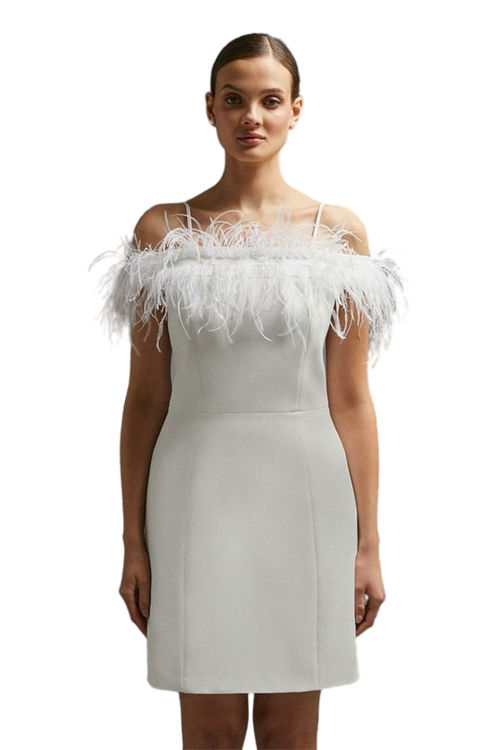 Jacques Vert Ivory Feather Trim Bardot Mini Dress BCC01126