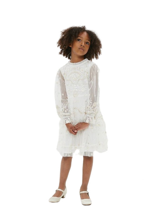 Jacques Vert Ivory Girls Long Sleeve All Over Embroidered Dress BCC04126