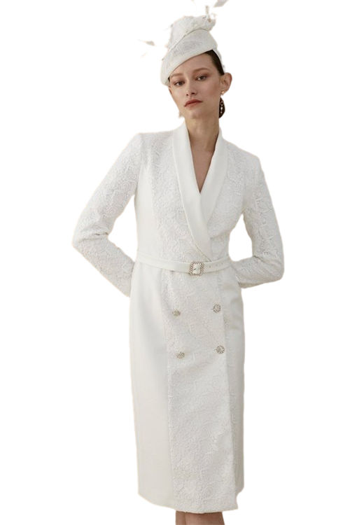 Jacques Vert Ivory Lisa Tan Premium Lace Tuxedo Dress With Gem Buttons BCC04910