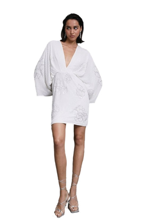Jacques Vert Ivory Premium Embellished Flare ​Sleeve Mini Dress BCC02652