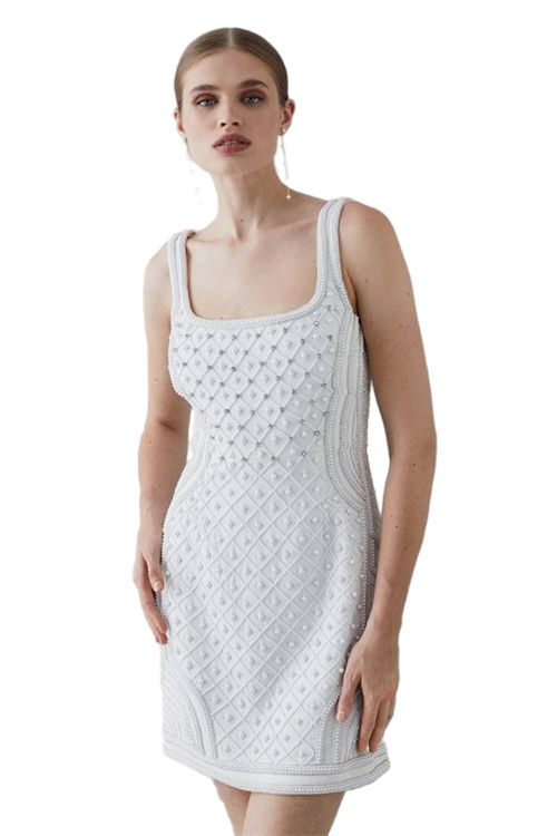 Jacques Vert Ivory Premium Embellished Square Neck Mini Dress BCC05475