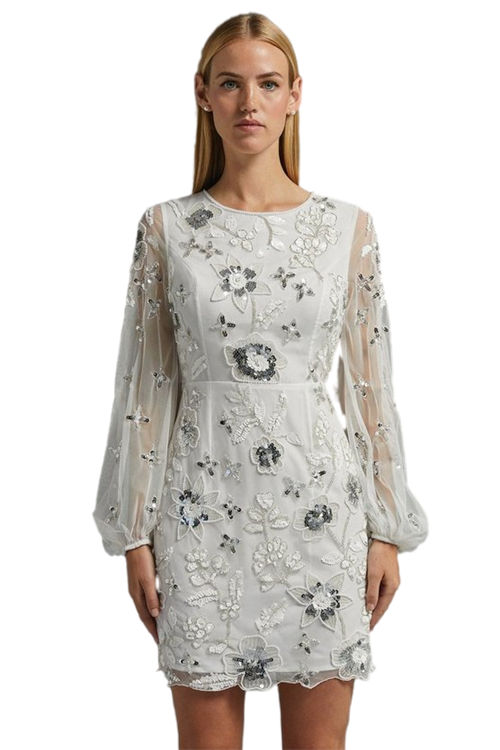 Jacques Vert Ivory Premium Floral Embellished Mini Dress BCC02634