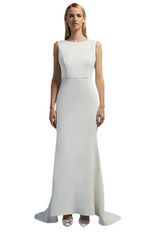 Jacques Vert Ivory Sleeveless V Back Long Sleeve Dress With Trai BCC02650