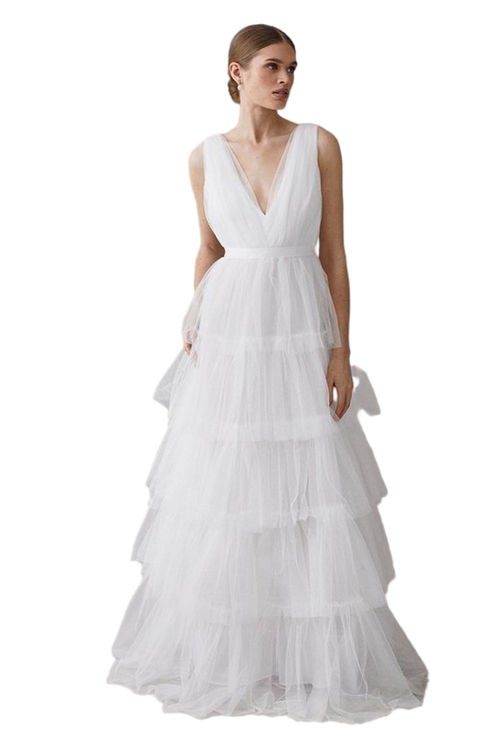 Jacques Vert Ivory V Neck Tiered Tie Waist Tulle Dress BCC04448