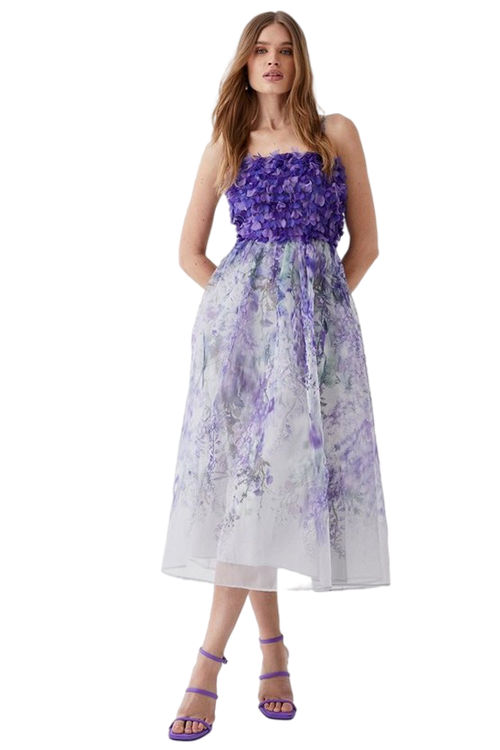 Jacques Vert Lilac Petite Hand Stitched 3d Floral Bodice Full Skirt Midi Dress BCC05090