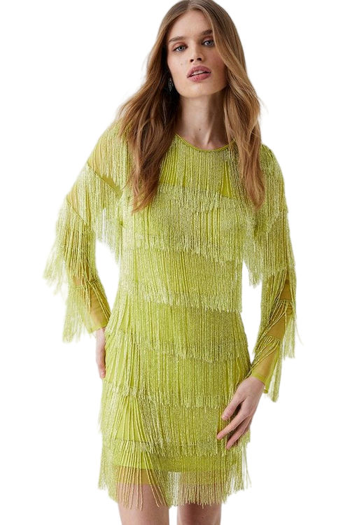 Jacques Vert Lime Long Sleeve Embellished Fringe Mini Dress BCC04651