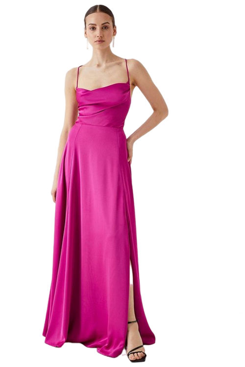 Jacques Vert Magenta Petite Cowl Neck Satin Maxi Prom Dress With Strappy Back BCC05111