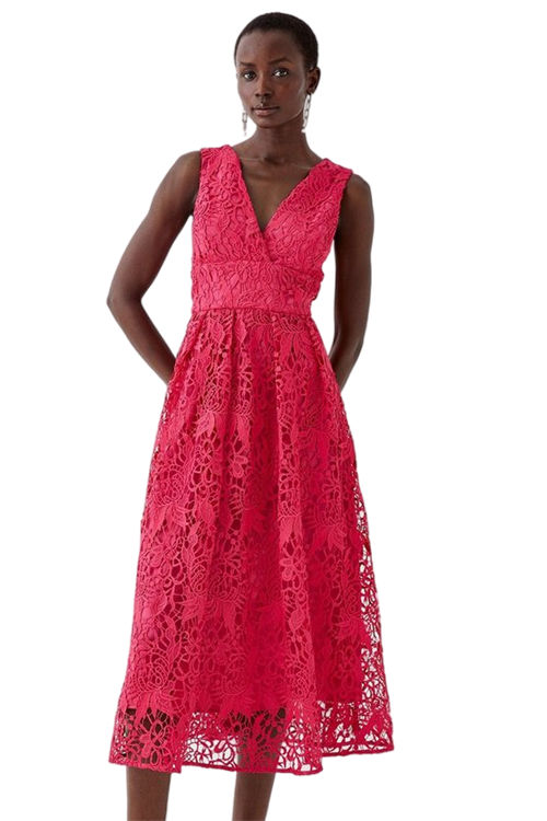 Jacques Vert Magenta Plunge Neck Midi Dress In Lace BCC05830