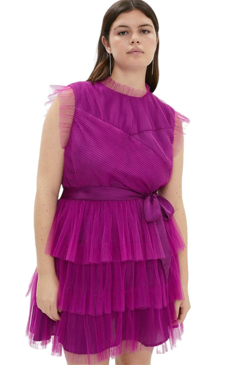 Jacques Vert Magenta Plus Size Tiered Mesh Belted Mini Dress BCC03802