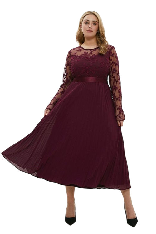 Jacques Vert Merlot Plus Size Embroidered Long Sleeve Maxi Dress ACC03400