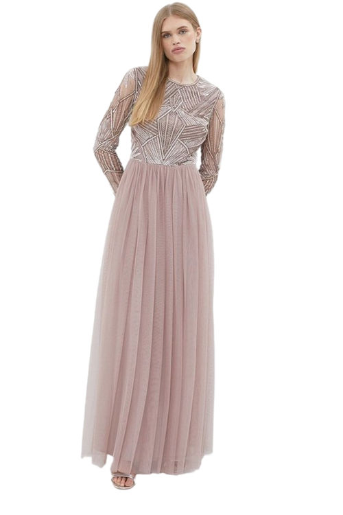 Jacques Vert Mink Embellished Bodice Long Sleeve Maxi Dress BCC02749