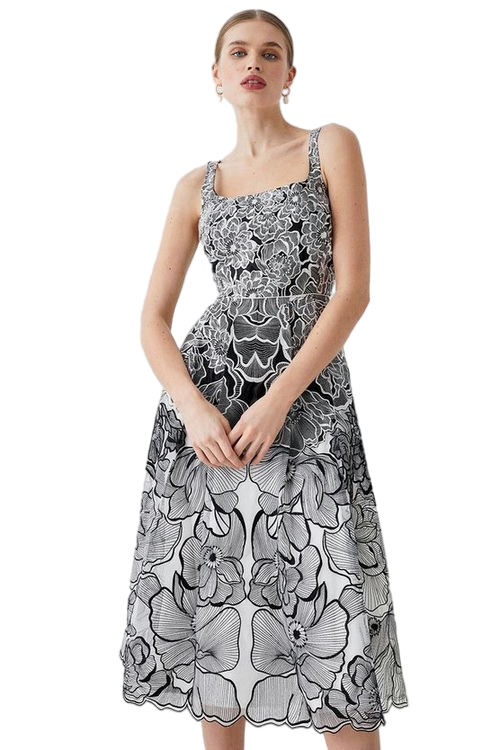 Jacques Vert Mono Premium Floral Embroidered Full Skirt Midi Dress BCC04626