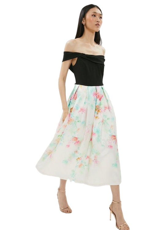 Jacques Vert Multi Bardot 2 In 1 Printed Twill Skirt Midi Dress BCC02726