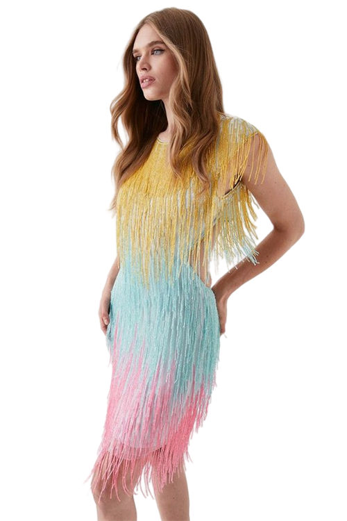 Jacques Vert Multi Beaded Fringe Colourblock Mini Dress BCC05824