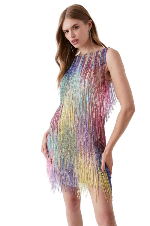 Jacques Vert Multi Mini Rainbow Embellished Fringe Dress BCC05823