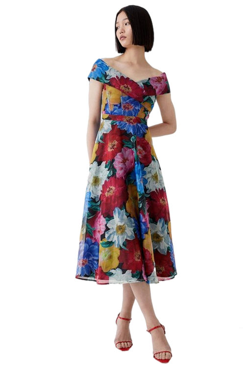 Jacques Vert Multi Organza Floral Bardot Ruched Bodice Midi Dress BCC04677