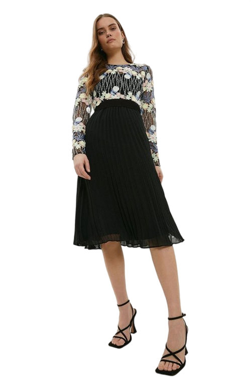 Jacques Vert Multi Petite Embroidered Pleated Skirt Midi Dress BCC00952